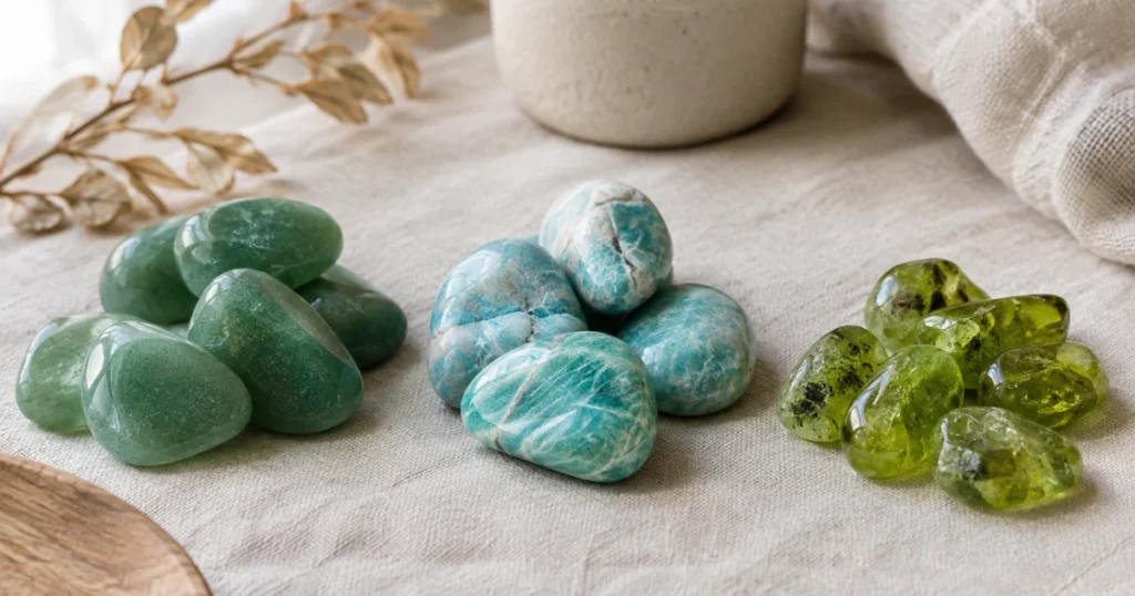 Pierre Vierge : aventurine verte, amazonite vert d'eau et péridot vert olive rangés avec soin sur un lin clair