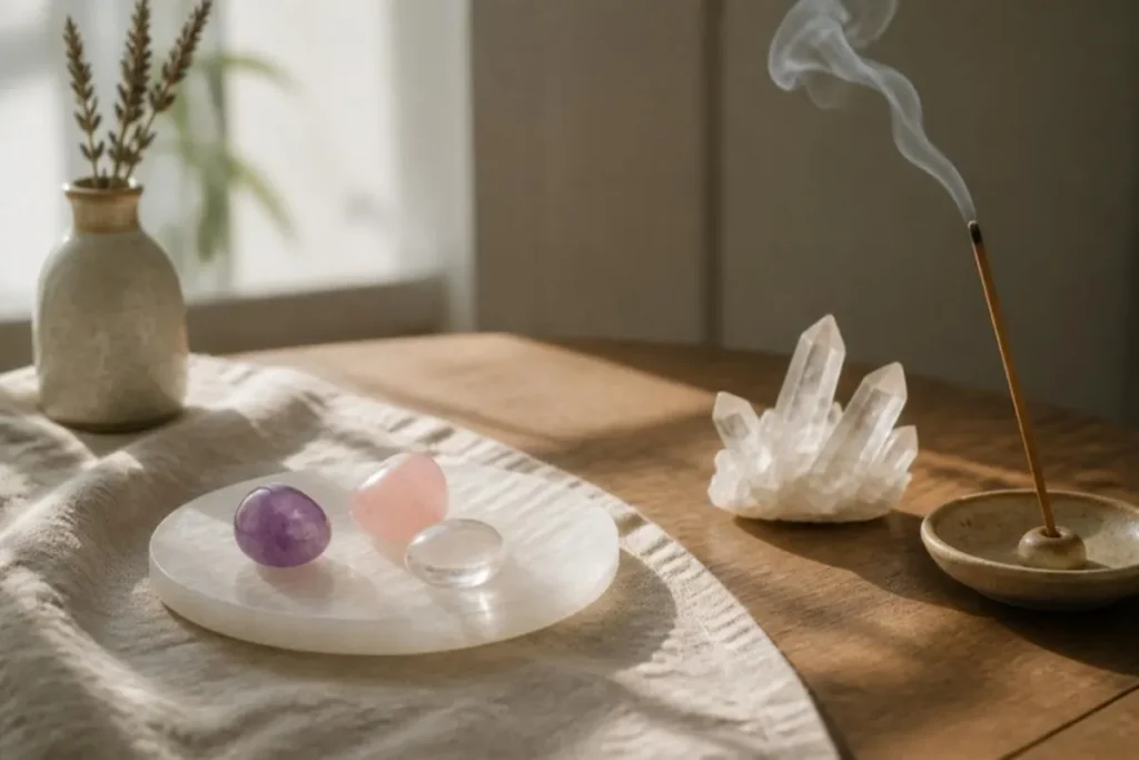 Pierres posées sur une plaque de sélénite, druse de cristal de roche et encens