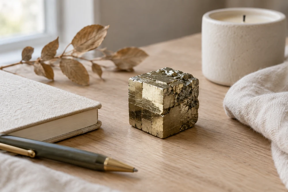 Pyrite au quotidien : cube de pyrite dorée posé sur un bureau en bois, à côté d'un carnet ouvert et d'un stylo