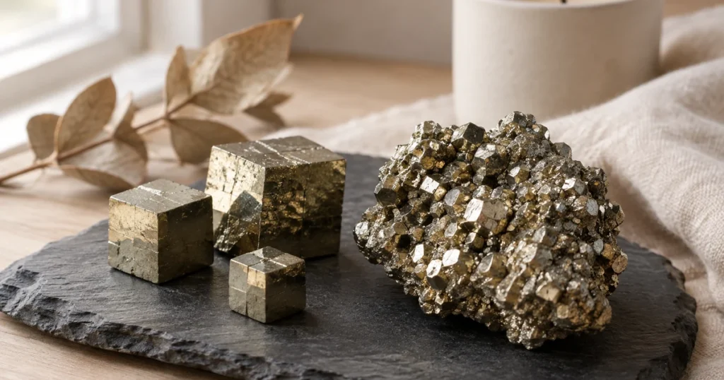 Pyrite en cubes dorés naturels aux faces bien nettes et en amas brillant, posés sur une ardoise sombre