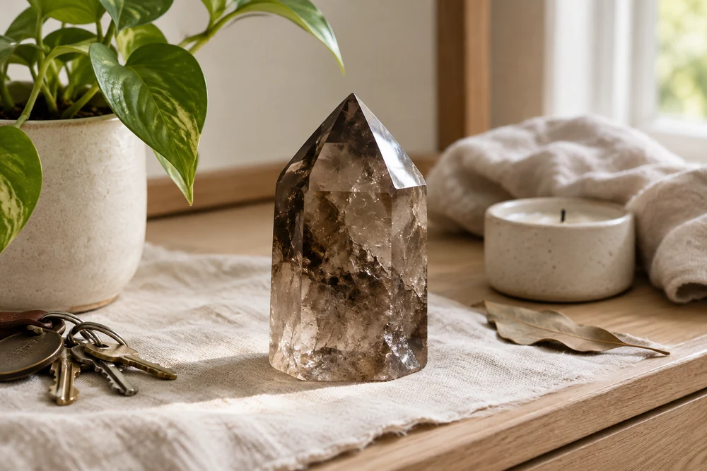 Quartz fumé au quotidien : pointe de quartz fumé posée sur un meuble d'entrée, près d'un trousseau de clés et d'une plante