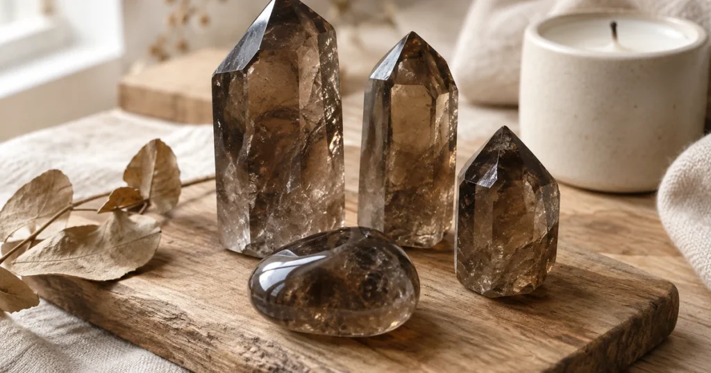 Quartz fumé en pointes brunes translucides et en pierre roulée, posés sur une planche de bois dans une lumière douce