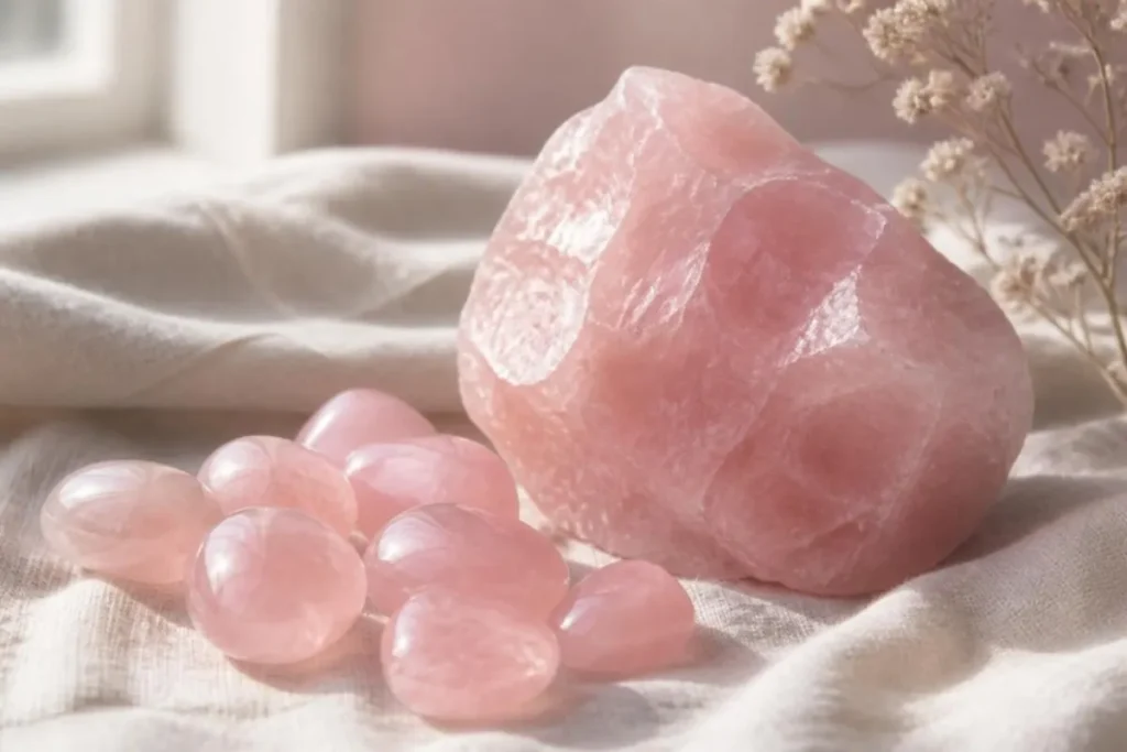Bloc de quartz rose brut et pierres roulées roses sur un tissu en lin