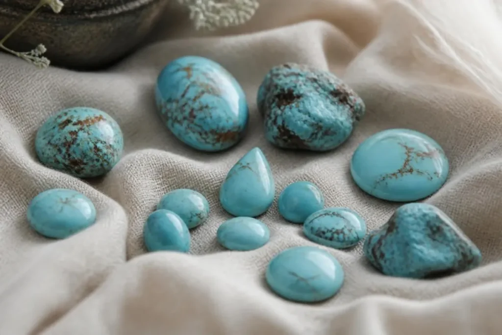 Cabochons et pépites de turquoise bleu ciel veinée de brun