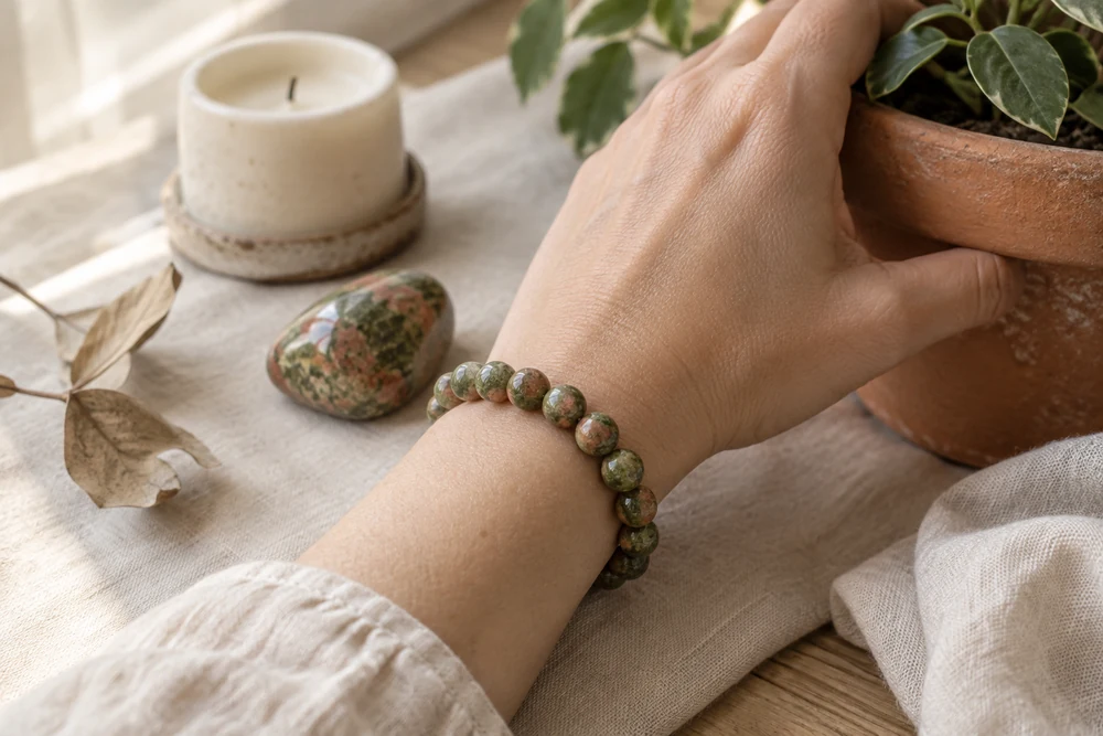 Unakite au quotidien : bracelet en perles d'unakite vertes et roses porté au poignet, main posée sur un pot en terre cuite