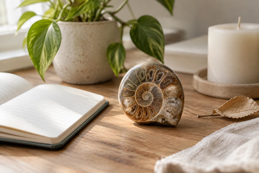 Ammonite au quotidien : petite ammonite polie posée sur un bureau en bois à côté d'un carnet ouvert et d'une plante verte