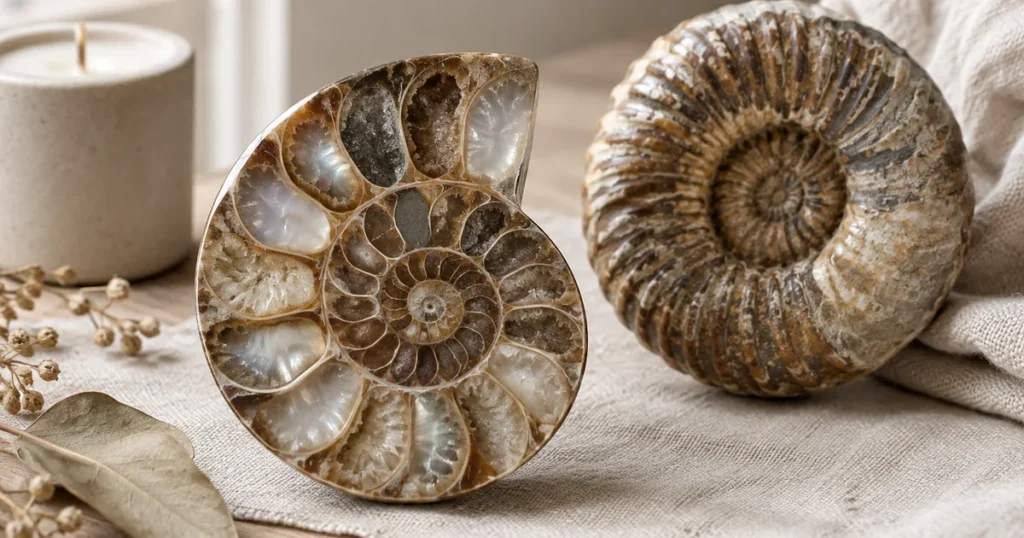 Fossile d'ammonite scié et poli montrant ses loges nacrées, à côté d'une ammonite entière à la spirale bien marquée