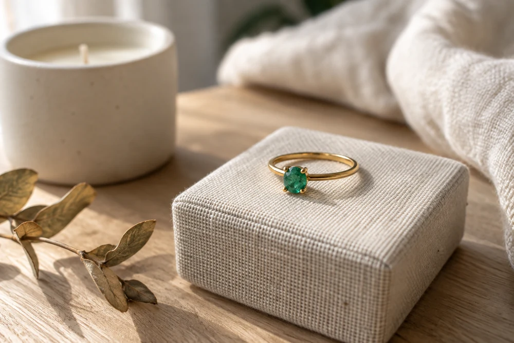 Émeraude au quotidien : bague fine en or sertie d'une petite émeraude verte, posée sur un écrin en lin clair