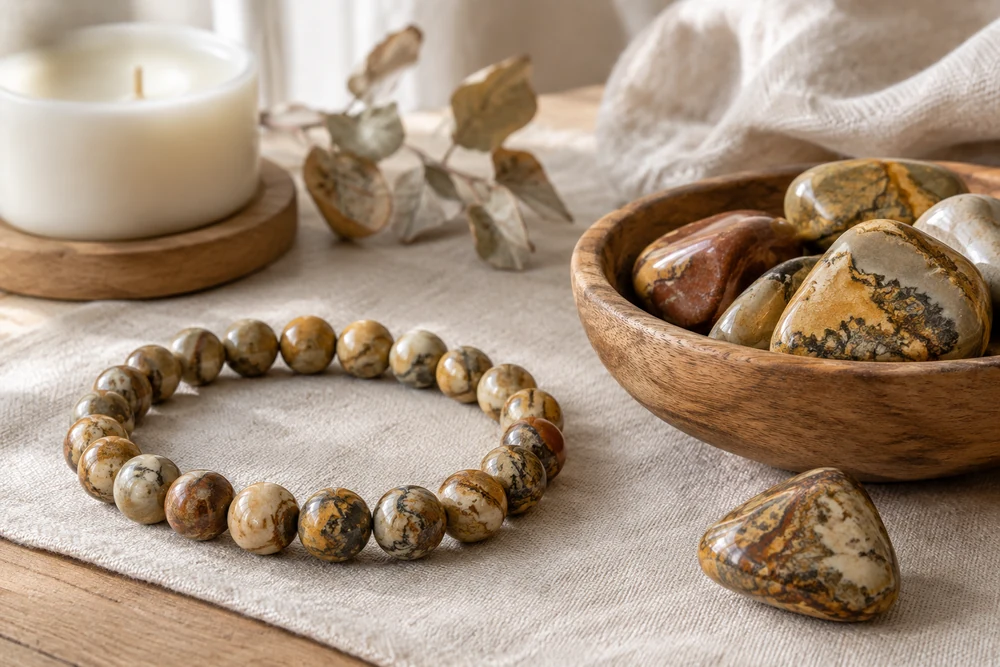 Bracelet en perles de jaspe paysage aux tons ocre et pierres roulées de jaspe dans une coupelle en bois clair