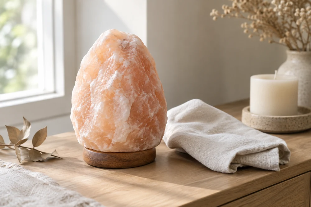 Lampe de sel éteinte posée sur un buffet en bois à côté d'un chiffon sec en coton, pour l'entretien sans eau