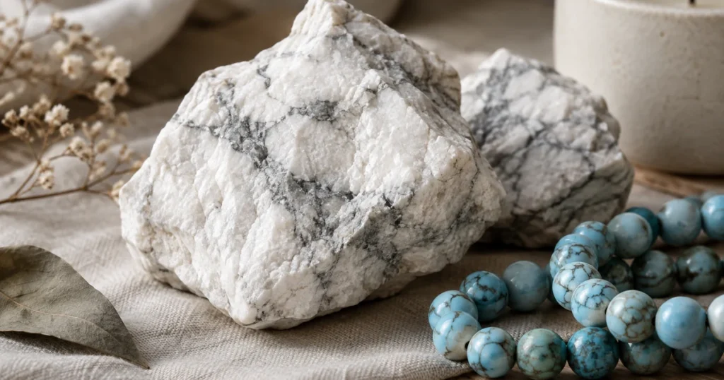 Magnésite brute blanche et crayeuse veinée de gris, à côté de perles de magnésite teinte en bleu turquoise