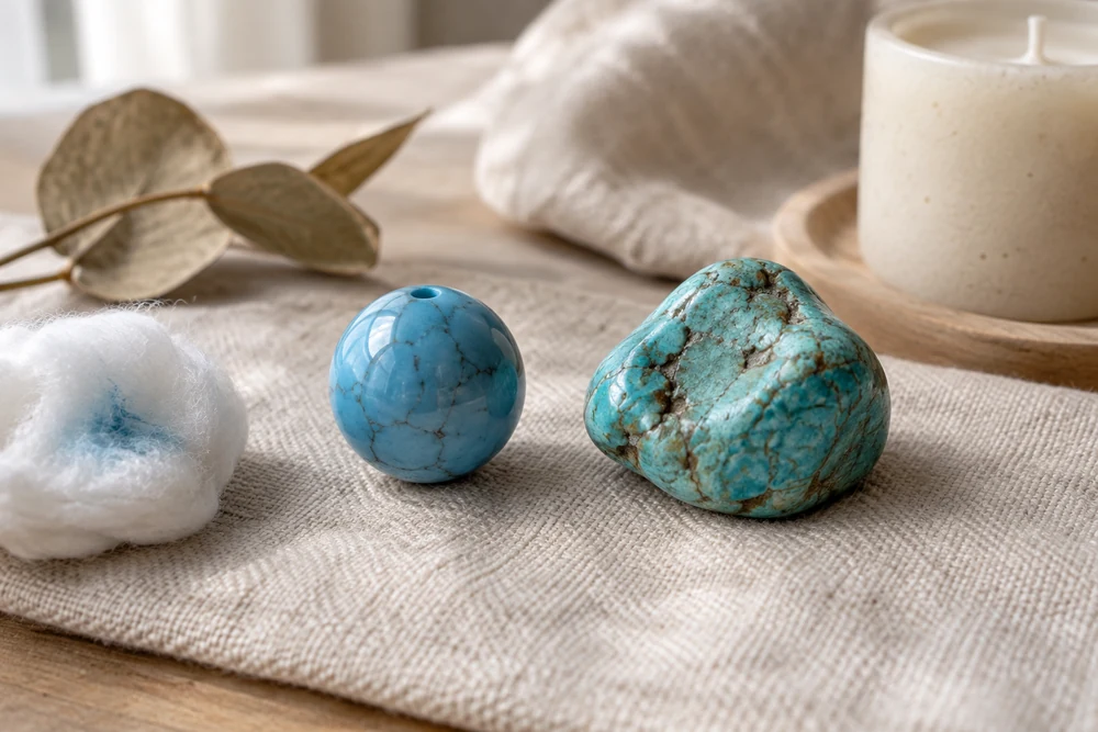 Magnésite teinte bleue comparée à une turquoise naturelle, avec un coton imbibé pour tester la teinture