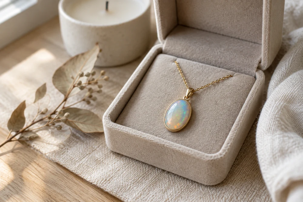 Opale au quotidien : pendentif en opale irisée sur une chaîne dorée fine, dans une petite boîte à bijoux en velours clair