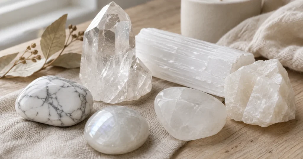 Pierres blanches sur du lin : cristal de roche, sélénite, howlite, pierre de lune, quartz laiteux et calcite blanche