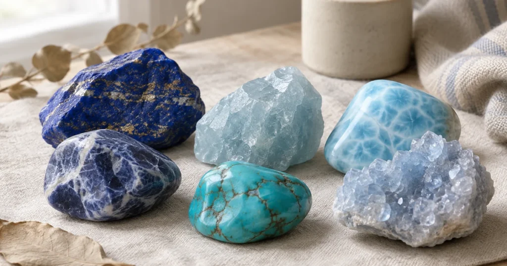 Pierres bleues sur du lin : lapis-lazuli, sodalite, aigue-marine brute, larimar, turquoise et amas de célestite