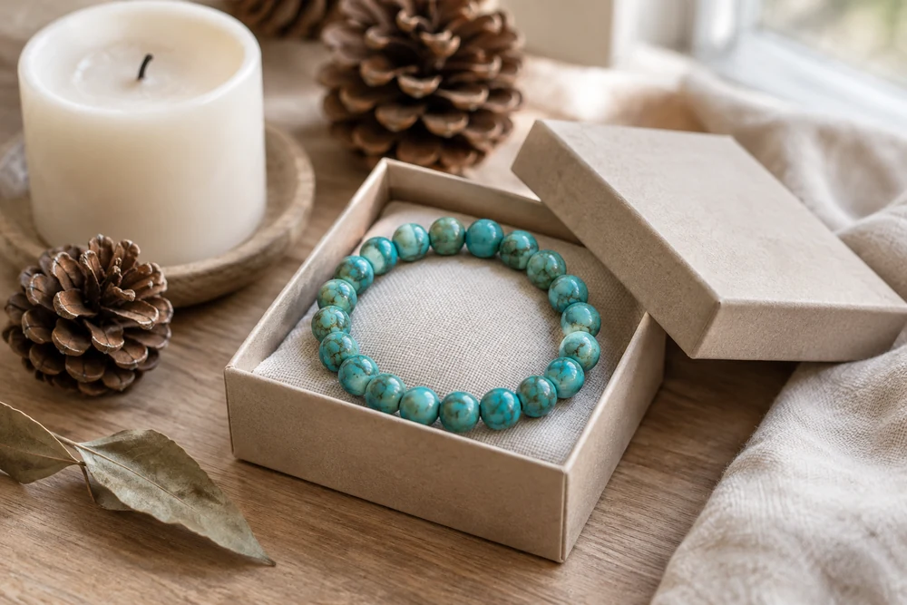 Bracelet en perles de turquoise dans une boîte cadeau entourée de pommes de pin, idée de cadeau pour une naissance en décembre