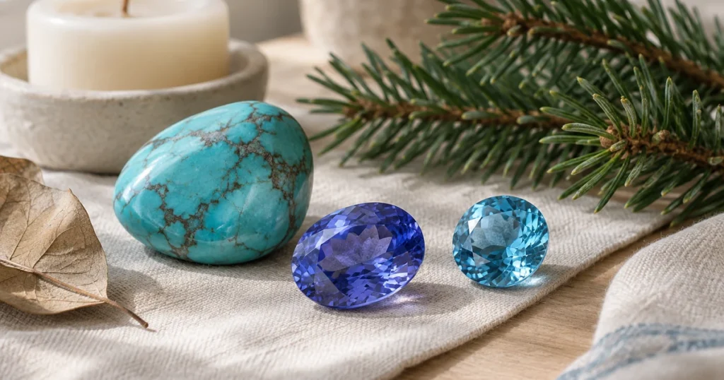 Pierre de naissance décembre : turquoise veinée, tanzanite bleu-violet et zircon bleu taillé près d'une branche de sapin