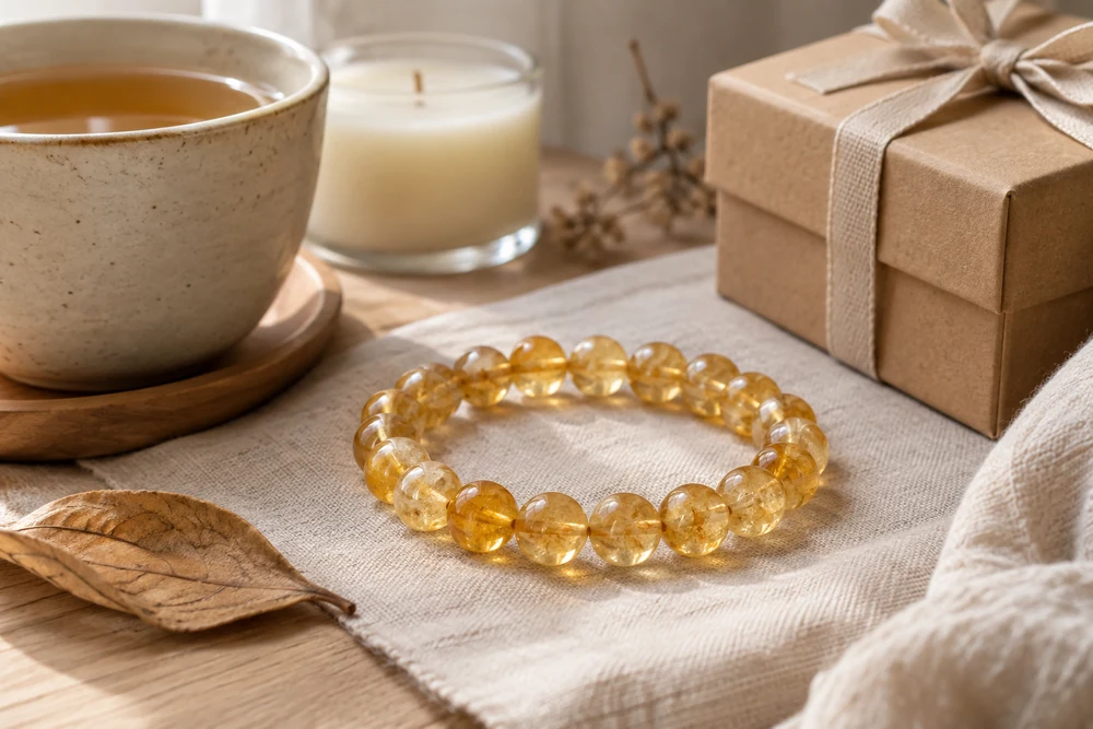 Bracelet en perles de citrine dorée posé près d'une tasse de thé et d'une boîte cadeau, cadeau pour une naissance en novembre