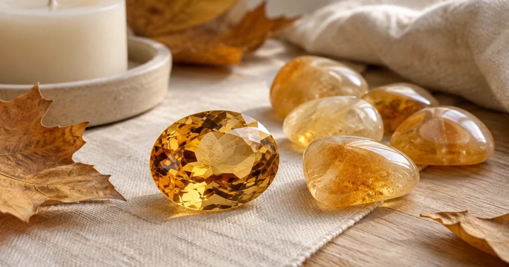 Pierre de naissance novembre : topaze dorée facettée et pierres roulées de citrine jaune miel parmi des feuilles d'automne