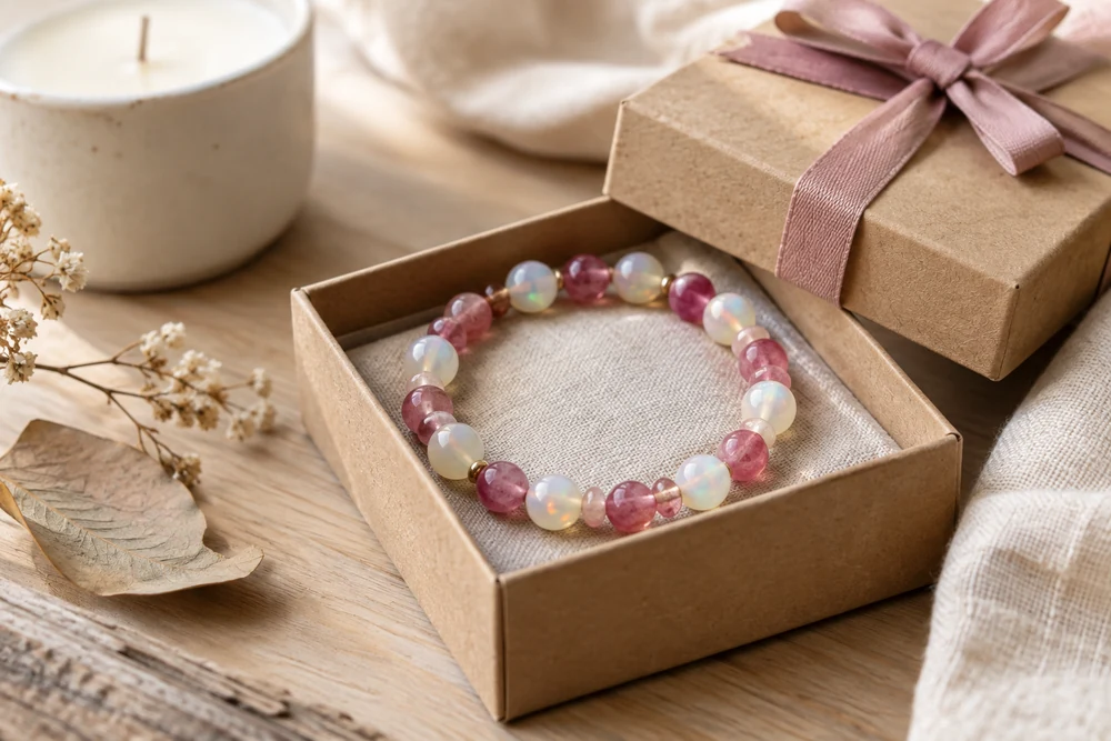 Bracelet en perles d'opale et de tourmaline rose dans une boîte cadeau en kraft, idée de cadeau pour une naissance en octobre