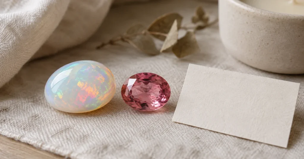 Pierre de naissance octobre : opale blanche aux reflets irisés et tourmaline rose facettée, à côté d'une carte cadeau vierge