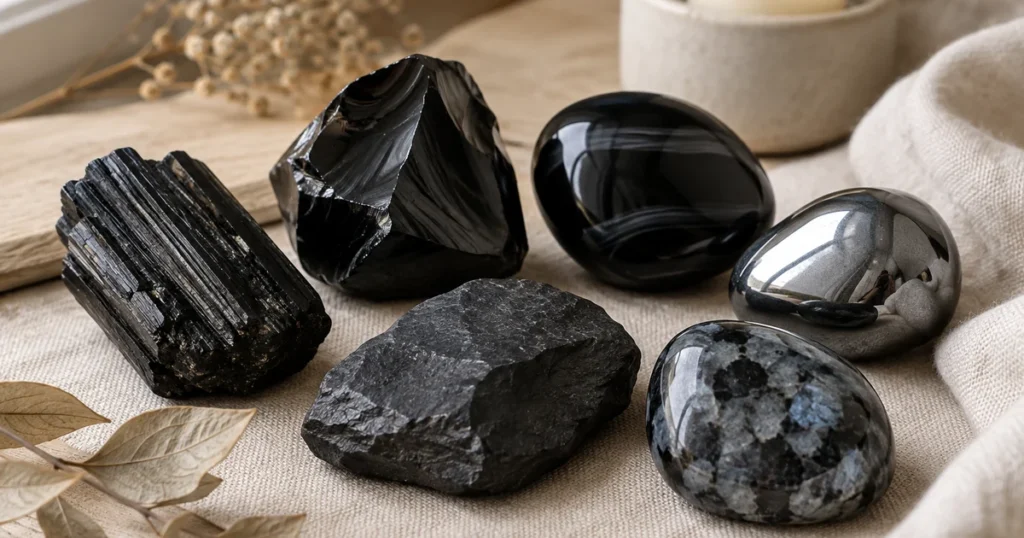 Pierres noires sur du lin : tourmaline noire, obsidienne, onyx, hématite brillante, shungite et larvikite