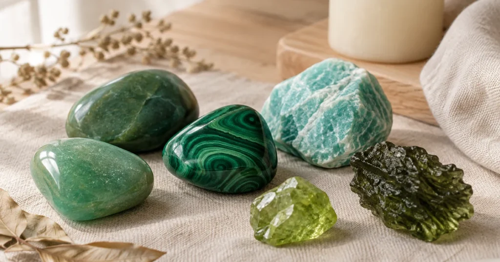 Pierres vertes sur du lin : aventurine, jade, malachite rubanée, amazonite, péridot et moldavite