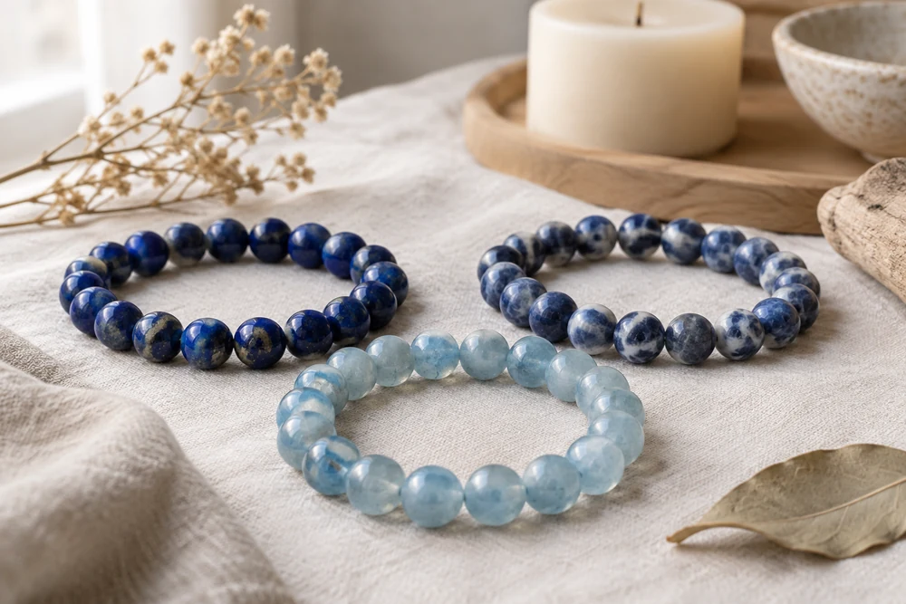 Trois bracelets de perles bleues en lapis-lazuli, sodalite et aigue-marine posés sur une nappe en lin blanc