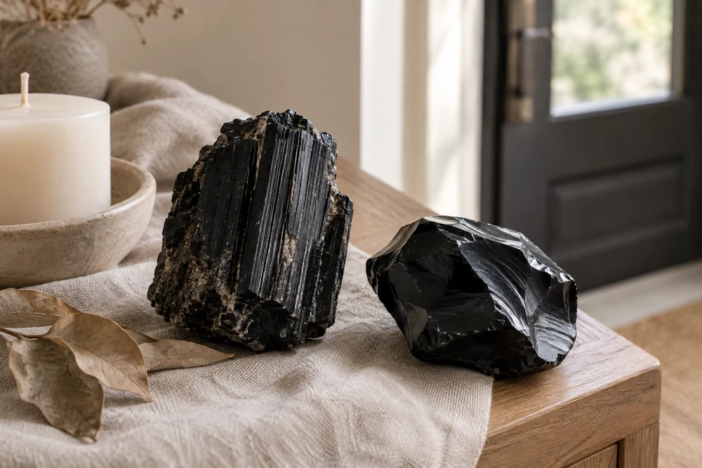 Tourmaline noire brute et obsidienne posées sur un meuble en bois près de l'entrée d'une maison