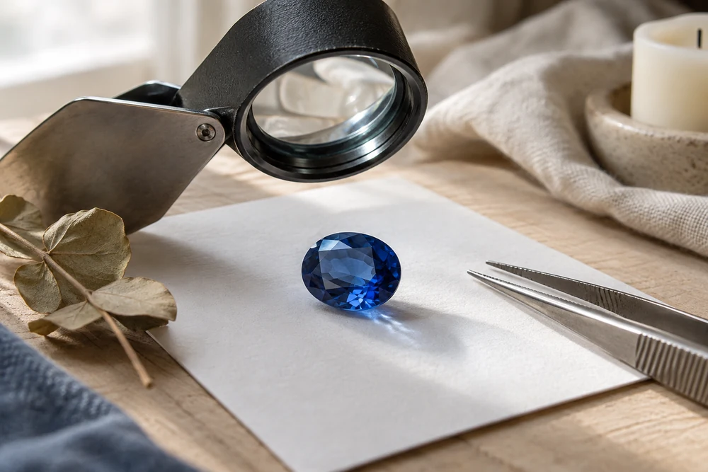 Loupe de joaillier au-dessus d'un saphir bleu facetté posé sur une feuille blanche, pour examiner une pierre précieuse avant achat