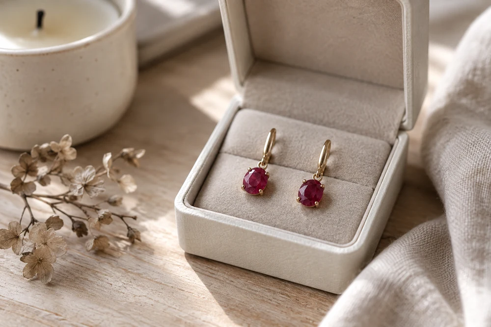 Rubis au quotidien : boucles d'oreilles en or serties de petits rubis rouges, présentées dans une boîte à bijoux ouverte