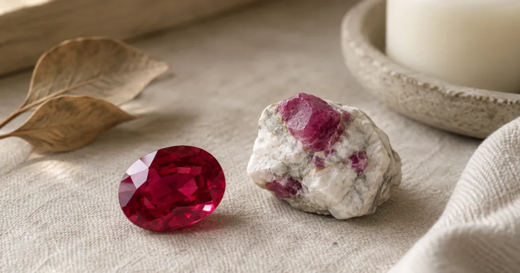 Rubis facetté d'un rouge profond posé près d'un petit cristal brut de rubis rouge-rosé encore pris dans son marbre blanc