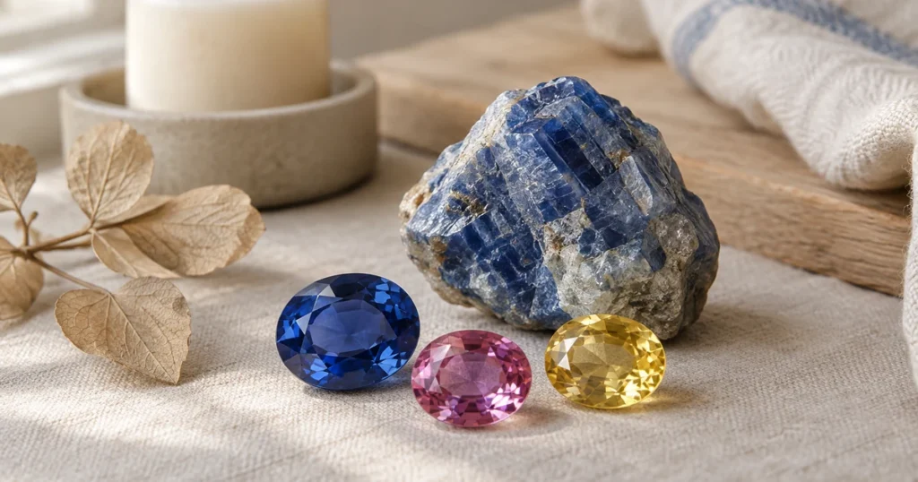 Saphirs facettés bleu roi, rose et jaune disposés en éventail près d'un cristal brut de corindon bleu, sur du lin