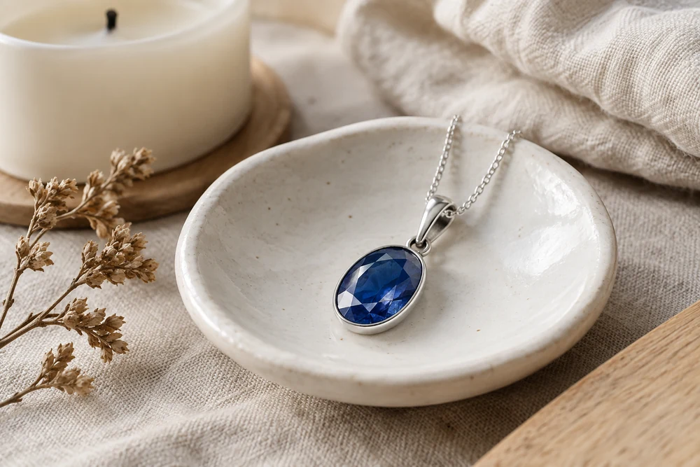 Saphir au quotidien : pendentif en argent orné d'un saphir bleu facetté, posé dans une coupelle en céramique blanche