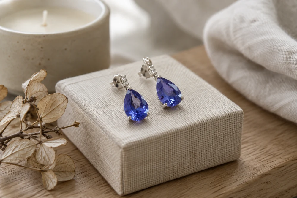 Tanzanite au quotidien : boucles d'oreilles en tanzanite bleu-violet en forme de goutte, présentées sur un écrin en lin