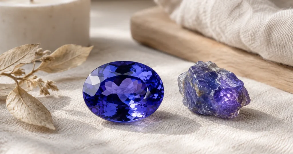 Tanzanite facettée d'un bleu-violet intense posée près d'un petit cristal brut de tanzanite aux reflets violets
