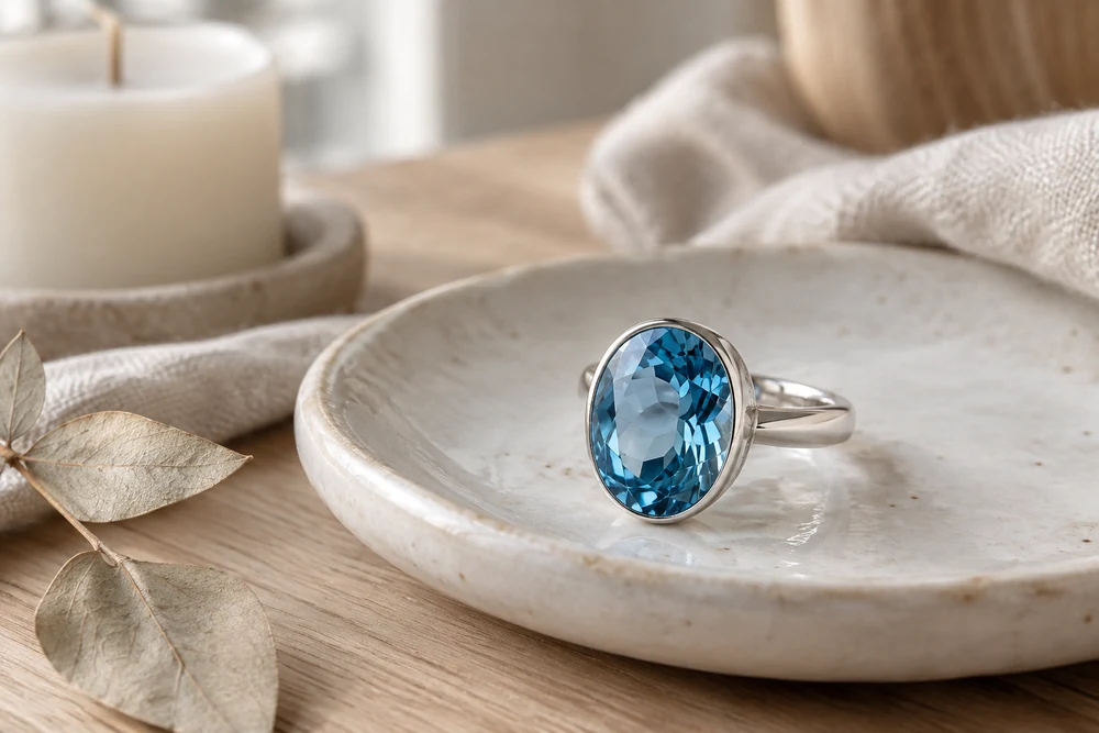 Topaze bleue facettée sertie sur une bague en argent, posée dans une coupelle en céramique blanche près d'une bougie
