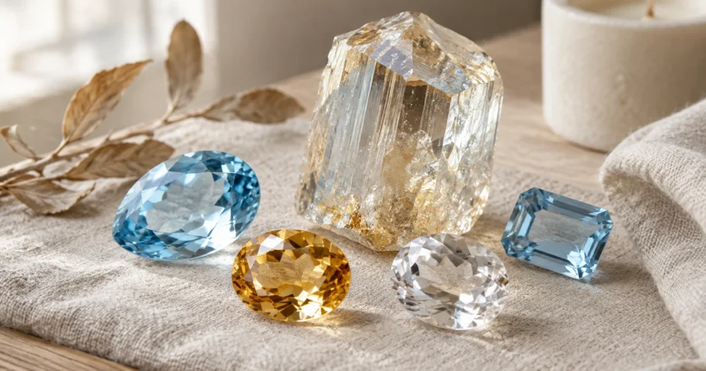 Topazes facettées bleu ciel, dorée et incolore autour d'un cristal brut de topaze prismatique, sur une nappe en lin