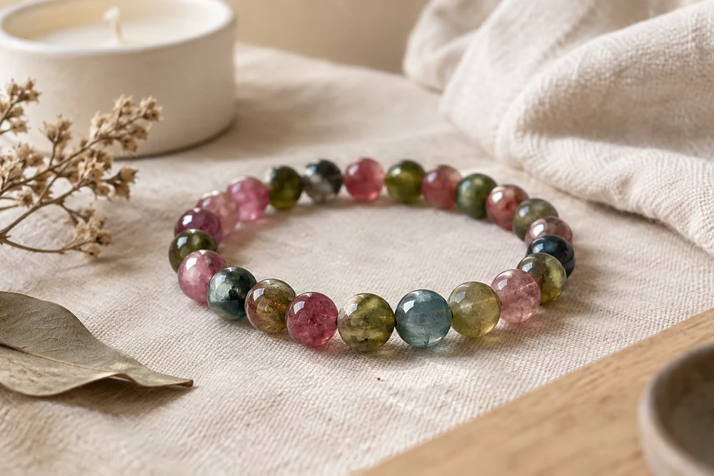 Bracelet en perles de tourmaline multicolore rose, verte et bleue posé sur une nappe en lin, idée pour choisir sa tourmaline