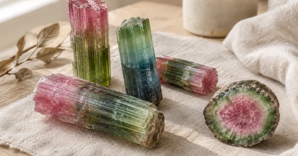 Tourmaline rose, verte et bleue en crayons striés, avec une tranche de tourmaline melon d'eau au cœur rose et bord vert